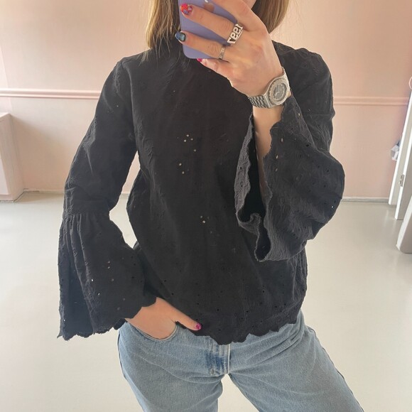 Ulla Johnson Bell Sleeve Eyelet Blouse Top Black 2 - Picture 1 of 7